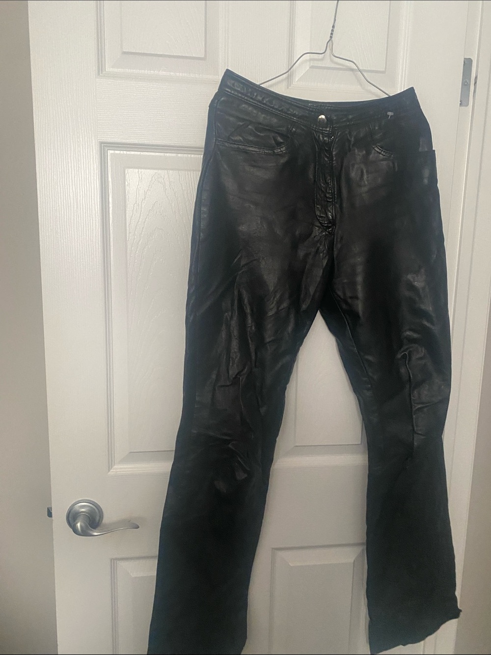 Women's Black Leather Straight-Leg Pants